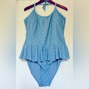 ASOS/Vigoss Blue/White Polka Dot Halter One-Piece Swimsuit w/Ruffle, sz 2X
